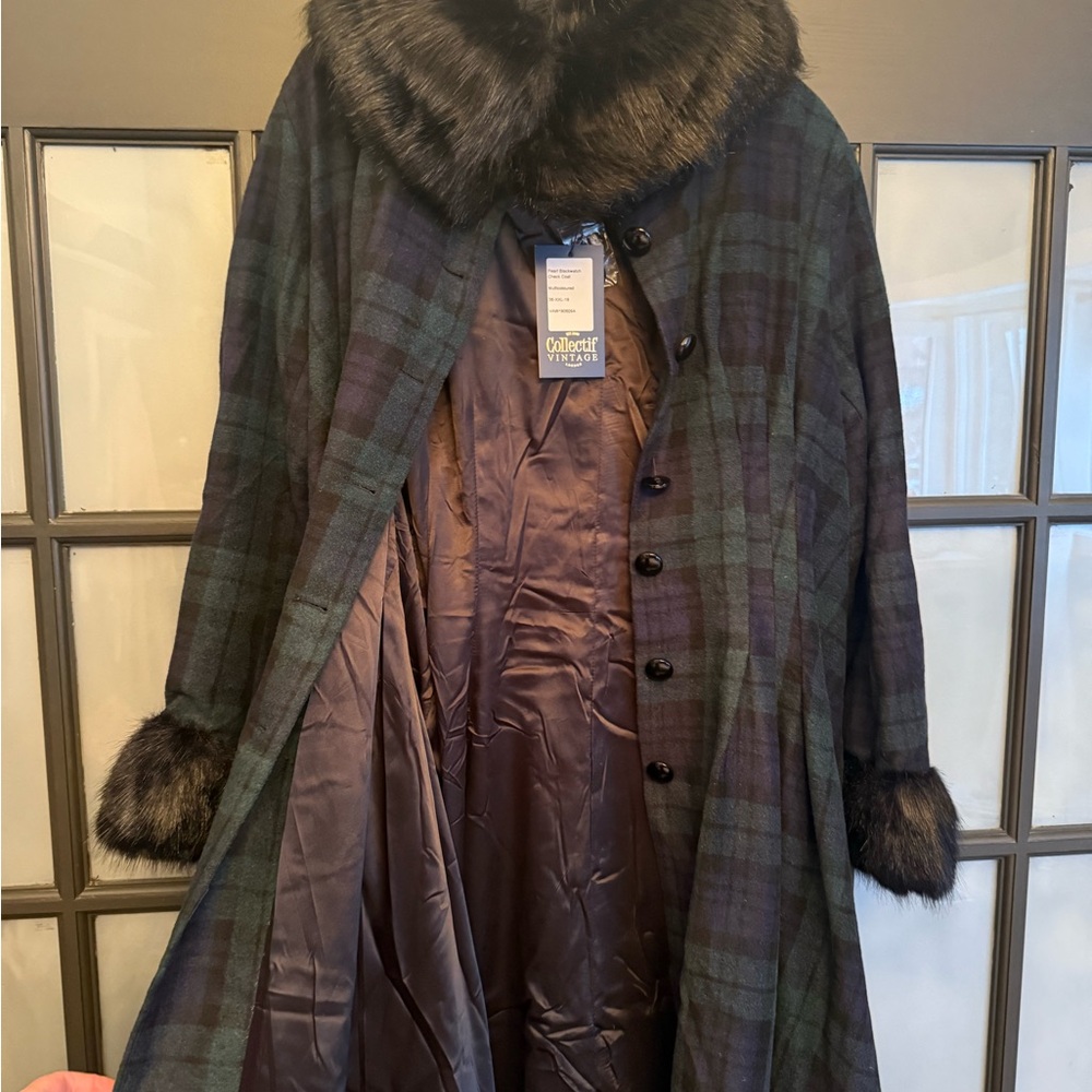Collectif Plaid Coat with Faux Fur Trim - Picture 2 of 8